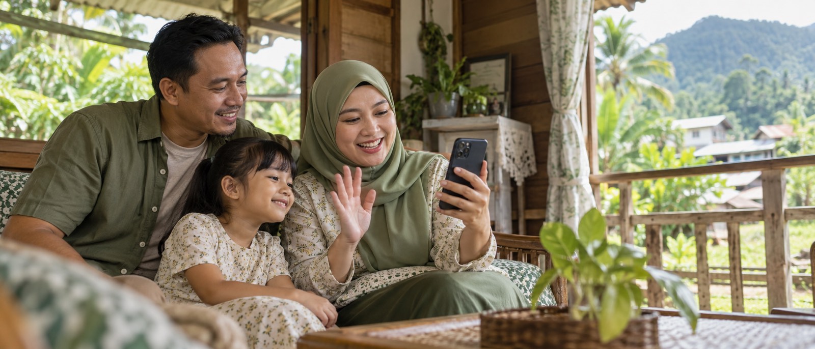 A family in a small-town home in East Malaysia on a video call with their adviser