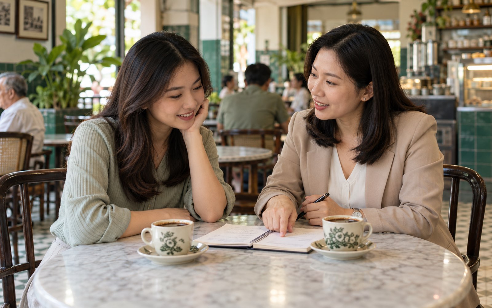 An adviser meeting a client over coffee at a kopitiam