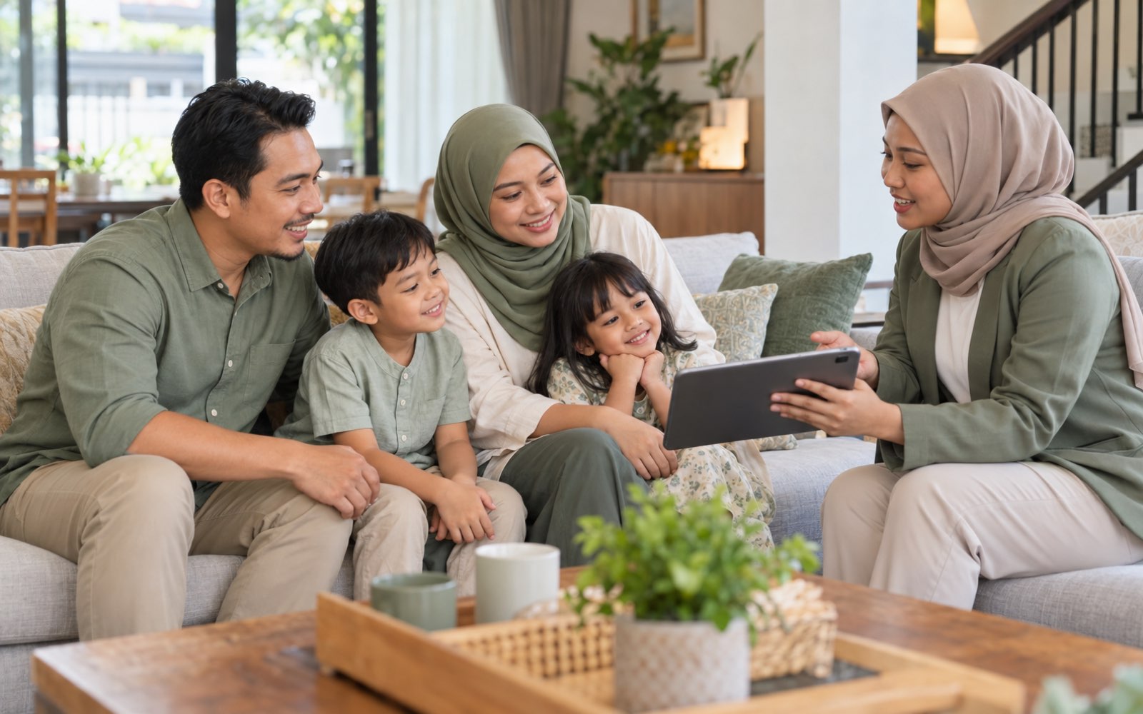 An adviser explaining a plan on a tablet to a family in their living room