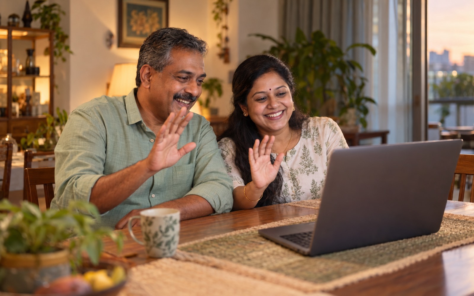 A couple at home on a video call with their adviser