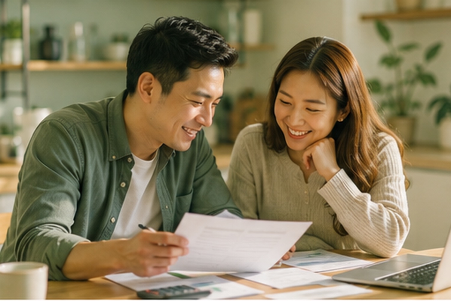 A Malaysian couple reviewing their financial plan together at home