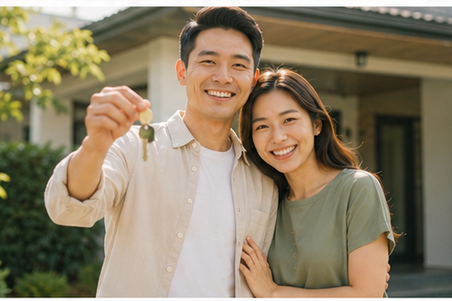A couple holding the keys to their new home